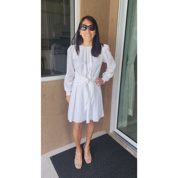 MICHAEL KORS White Long Sleeve Crewneck Linen Tie Front Mini Dress Size Medium - Picture 10 of 11